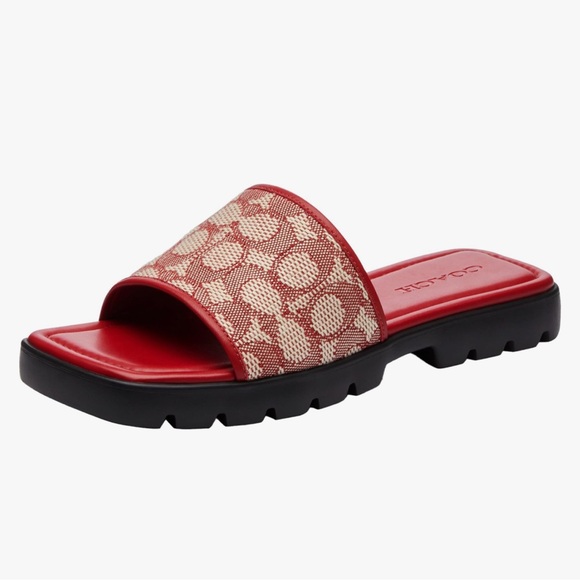 Coach Burgundy and Cream Women's Slide Sandals - Picture 1 of 8